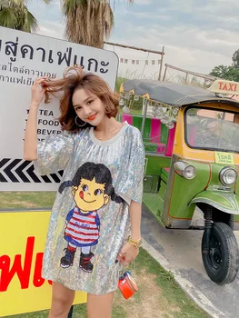Tailandas Banga prekės vasaros 2020 naujas blizgučiais trumparankoviai marškinėliai moterims vidutinės trukmės laisvi apačios trūksta marškinėliai