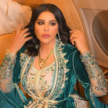 Teal Maroko Kaftan Caftan Musulmonų Vakaro Suknelės-line ilgomis Rankovėmis Aksomo Duobute Dubajus arabų Turkija Abaja Islamo Suknelė