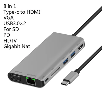 Tipas-C Multi-funkcija Doko Stotis su USB3.0x2/SDx1 Kortelė+HDMI/VGA+JACK 3.5+RJ45+Tipo c(PD) uosto