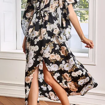 Vasaros Elegantiškas Midi Suknelė Batwing Rankovėmis Spausdinti Asimetriškas Suknelės Moterims, V Kaklo Varčias Kasdienių Drabužių 2021 Naujas