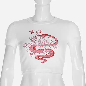 Vasaros Seksualus Pasėlių Viršų Balta Kinų Simbolių Dragon Spausdinti Marškinėliai Moterims Atsitiktinis Bako Viršuje Moterų топ на тонких бретелях