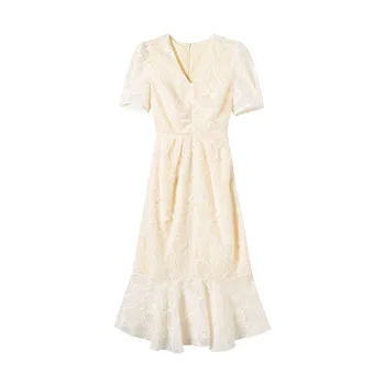 Vasarą naujų ponios puff rankovėmis prancūzijos suknelė vientisa spalva aukšto juosmens nėrinių mados pasakų V-kaklo slidinėti suknelė