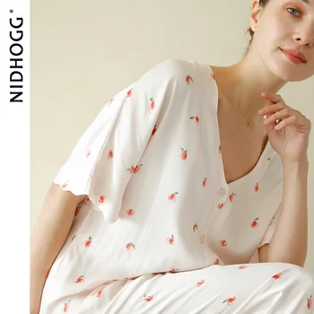 Vasarą Šviežią Trumpas Rankovės Kelnės Satino Pižama V-Kaklo Viskozė Peach Spausdinimo Sleepwear Loungewear Moterų Namų Drabužių Gabalas 2