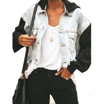 VICABO 2020 NAUJAS Džinsinis Susiuvimo Moterims Švarkai Kutas Gobtuvu Streetwear Trumpas Vieno Krūtinėmis ilgomis Rankovėmis Skylę Rippped Outwears