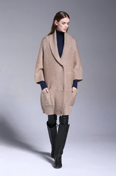 Vilna, alpakos mišinys sukomponuotas moterų mados elegantiškas boutique ilgas cardigan megztinis kailis 3quarter rankovės vieną&daugiau dydis