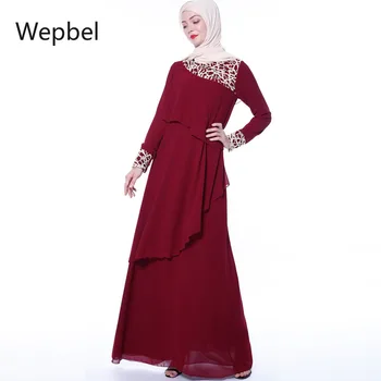 WEPBEL turkijos Ilgą Šifono Suknelę Moteris Musulmonų Abaja Nėrinių Susiuvimo Elegantiškas ilgomis Rankovėmis Chalatas, Arabų Dubajus O-kaklo Craftan Suknelės