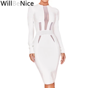 WillBeNice 2019 Žiemos Seksualus Moterų, Balta Ilgomis Rankovėmis Elegantiškas Vidurio Blauzdos Bodycon Suknelė Garsenybių Suknelės, Šaliai, Tuščiaviduriai Iš Vestidos