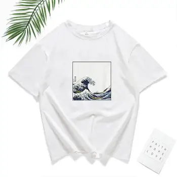 2019 Naujas Mados Vandenyno Bangos Estetinės T-shirt Moterims 90-ųjų Mados Tee Balta Mielas Vasaros Atsitiktinis Viršūnes Kietas Kaklo T Shirts