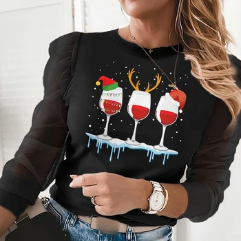 2020 Kalėdų Spausdinti Elegantiškas Pynimas Palaidinė Moterims Rudenį Ilgomis Rankovėmis Megztinis Viršuje Moterų Mados Atsitiktinis O Kaklo Akių Marškinėliai Blusa