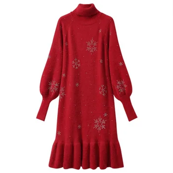 2020 M. Rudenį & Žiemos Naujas Mados Kalėdų, Naujųjų Metų Paprasta Raudona Aukšto Kaklo Aukštos Juosmens Lieknėjimo Moterų Slidinėti Suknelė Nemokamas Pristatymas