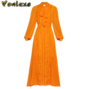 2020 Naują Pavasario Moteris, Ponios Rankovės Elegantiška Vintage Šifono Suknelės Moterų Atsitiktinis Nėrinių Gėlių Rudenį Ilga Suknelė
