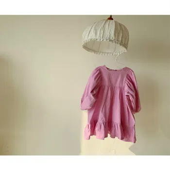 2021 merginos ilgio sluoksniuotos rankovėmis vientisos spalvos medvilnės aikštėje apykaklės princesė pavasario raukiniai vaikams apsirengti lotus drabužiai