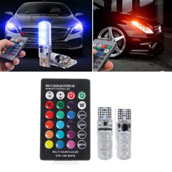 2x T10 RGB LED Automobilių Pleišto Lempa Auto vidinė Šviesa+ Nuotolinio Valdymo pultas