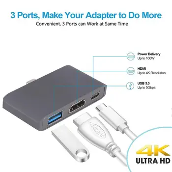 3-in-1 Multiport Adapterio Tipas C Iki 4K HDMI USB 3.1 3.0 Įkrovimo lizdas Skaičiuoklė