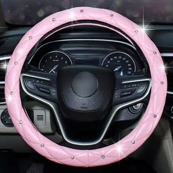 38cm/15Inch Universalus Rožinė Automobilio Vairo Padengti PU Odos Bling Bling kalnų krištolas Dekoro Mados Aksesuarai 2020 Karšto