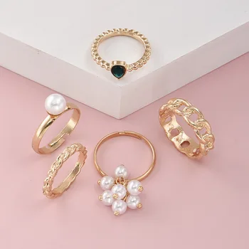 5 Vnt/Set Paprasta Perlų Imitacija Kristalų Žiedai Mados Elegantiškas Žiedai Moterims, Šaliai, Papuošalai, Dovanos