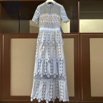AELESEEN kilimo ir tūpimo Tako Mados Maxi Nėrinių Suknelė 2020 M. Aukštos Kokybės Gėlių Siuvinėjimas Tuščiaviduriai Iš Mėlynos spalvos Suknelė, Ilgas Šalis Atostogų Suknelė