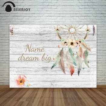 Allenjoy fonas baltas medinės lentos fone su dreamcatcher gėlės Bohemiškas stilius asmens dizainas fondo fotografija