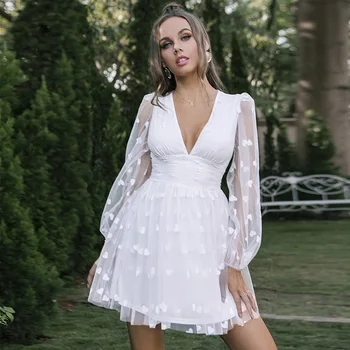 Baltoji Banga Taško Suknelė Moterims 2021 M. Pavasarį Skraiste Sundress Giliai V-kaklo Matyti Per Žibinto ilgomis Rankovėmis Šifono Vasaros Seksualus Suknelės