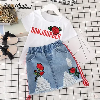 Bamblys Mergaičių Drabužių Nustatyti 2018 M. Vasaros Mergaitės Rose siuvinėjimas, marškinėliai+džinsinis Sijonas 2vnt Apranga Vaikams Mergaitėms Tiktų Vaikų Drabužiai