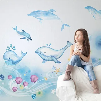 Custom Lipnios Tapetai, 3D Mielas Animacinių filmų Banginis po vandeniu Gyvūnų Rankomis Dažyti Vaikų Kambarį Fono Sienos Freskos Lipdukai