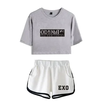 EXO Vasaros Cool Dviejų dalių Rinkiniai Moterims Laisvalaikio Stiliaus Spausdinti EXO T-shirt&šortai Rinkiniai Seksuali Moteris Tracksuit Plius Dydis 2XL
