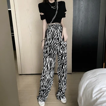 Gotikos Aukštos Juosmens, Palaidi Ilgos Kelnės Streetwear Harajuku Zebra Stripes Spausdinti Kelnės Moterims Atsitiktinis Mados Tiesios Kelnės KZ661