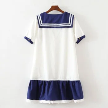 Harajuku Sailor Apykaklės Navy Suknelė Japanese Lolita Saldus Pawl Siuvinėjimo Mergina Retro Medvilnės Kawaii Preppy Stiliaus Trumpomis Rankovėmis Suknelė