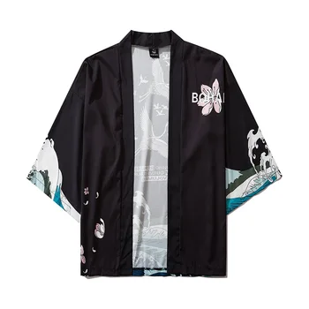 Japonija Stiliaus Krano Atspausdintas Juodos Spalvos Plonas Kimono Vyrų Japonijos Streetwear Vintage Megztinis Striukės Kasdieniai Viršutiniai Drabužiai 2020 M.
