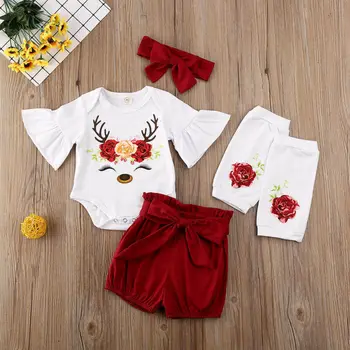 Kalėdos, Kalėdos 4pcs rinkinys Vaikams Baby Girl Sudegintasis rankovėmis BRIEDŽIŲ spausdinti balta Romper viršuje+raudona lankas Šortai+Kojų Šildytuvus Komplektus Drabužių