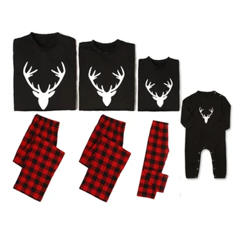Kalėdų Šeimos Atitikimo Komplektus Suaugusiems, Vaikams, Kūdikiams Juoda ilgomis rankovėmis Viršūnes + Raudonas Pledas Kelnes Briedžių Galvos spausdinti Rudenį Homewear