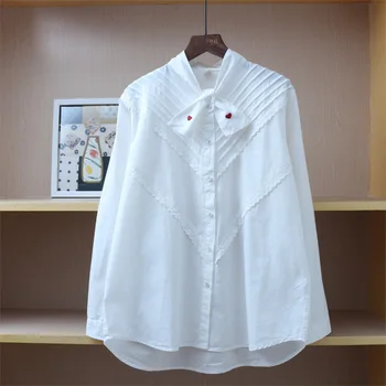 Kawaii siuvinėtos Medvilnės marškinėliai stendas apykakle ilgomis rankovėmis palaidinė top marškinėliai