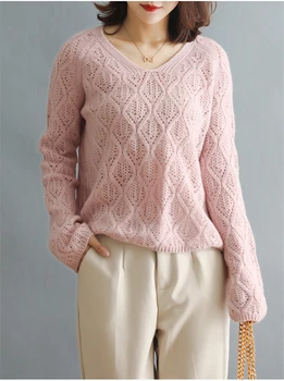 Kašmyro vilna mišinys tuščiaviduriai iš trikotažo moterų mados Vneck megztinis megztinis trumpas stilius platus prarasti S/M/L dydis EUR
