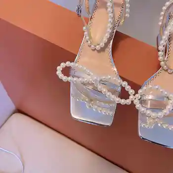 Lenkisen prancūzų romantikų pearl duobute drugelis-mazgas saldus mados aikštė kojų aukštos aikštėje kulno sagtis dirželiai moterų sandalai L51
