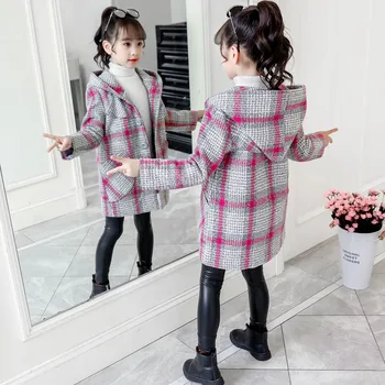 Mados mergaitė vilnoniai paltai striukės elegantiškas pledas gobtuvu striukė paltai 2-12years mergaitės vaikas, vaikai storio viršutiniai drabužiai