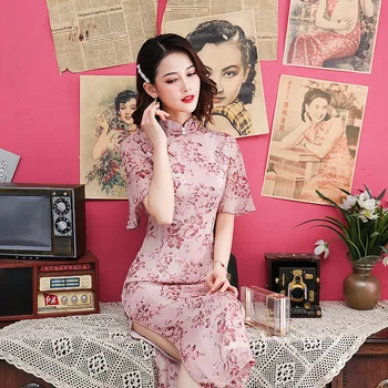 Mados Moteriški Ilgai Cheongsam Kinų stiliaus Mandarinų Apykaklės Suknelė Vasaros Šifono Mygtuką Qipao Slim Šalis Suknelės Vestido M-3XL