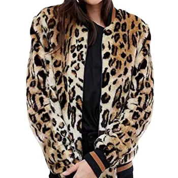 Mados Moters Rudenį Leopardas Spausdinti Kailis Storas Kailis Apykaklė Kailis Dirbtiniais Kailiais Užtrauktukas Kišenėje Outwear Atsitiktinis Megztinis Švarkas F#S25