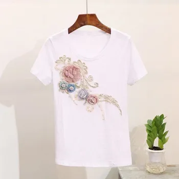 Mados Zawalcowany T-shirt Moterims, Vasaros Trumpos Rankovės Naujas Vaiskiai Balta trimatis Gėlių Aplikacija China Viršuje Marškinėlius Tee Marškinėliai