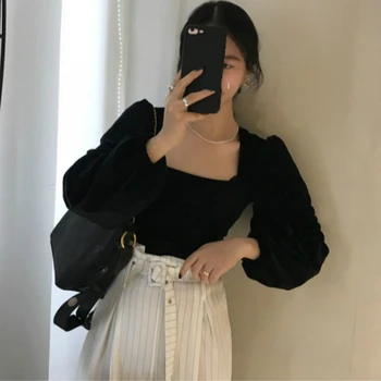 Marškiniai, Palaidinės Moterims Ilgio Sluoksniuotos Rankovėmis Derliaus Juoda Retro Paprastas Elegantiškas Korėjos Prašmatnus Viršūnes Veliūras Slim Pagrindinio Atsitiktinis Elegantiškas 2021