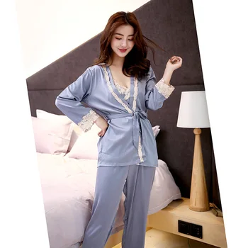 Moteriški satino, šilko pižama, chalatas nustatyti sleepwear 2019 m. pavasario vasaros plius dydžio naktiniai drabužiai, 2 vnt. tiktų Namų mėlyna su Nėriniais
