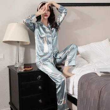 Moterų Pajama Komplektai Šilko Satino Pijama Turn-žemyn Apykaklės Sleepwear Lady ilgomis Rankovėmis Pavasario naktiniai drabužiai Femme 2 Vienetų Rinkinių Homewear