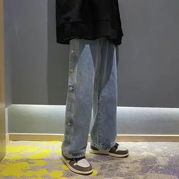Moterų Retro džinsai šoninis mygtukas tipo asmeninį mados kelnės universalus tiesi linija ins Gatvės prarasti hip-hop kelnes rudenį