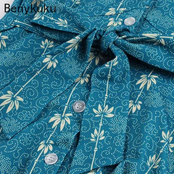 Mėlynos spalvos Gėlių Spausdinti 50s Pin Up Moterų Vintage Suknelė trumpomis Rankovėmis V-Kaklo, Vieną Krūtinėmis peteliškę Atgal Elegantiškas Mosto Linija, Suknelės