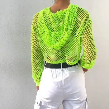 Neoninė Žalia Hoodies Matyti Per žvejybos tinklas Top 2000-ųjų Estetinės korėjos Stiliaus ilgomis Rankovėmis Moterims Pasėlių Top Marškinėliai Mujer Camisetas