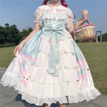 Palace saldus princesė lolita suknelė vintage dirželis aukštos juosmens mielas spausdinimo bowknot viktorijos suknelė kawaii girl lolita cos loli