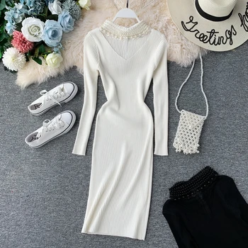 Pavasarį, Rudenį Lady Elegantiškas Megztas Megztinis Suknelė 2019 Moterų Priežastinis Pearl Apykakle Ilgomis Rankovėmis Šalis Suknelė Vestidos G931