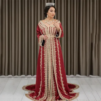 Prabanga Raudona Maroko Kaftan Oficialią Vakaro Suknelės, Puošnios Išsiuvinėti Arabų Musulmonų Prom Šalis Suknelės Pagal Užsakymą