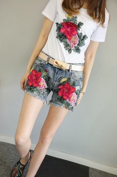 QA1197 Mados bijūnas gėlių siuvinėjimas moterų vasaros džinsinio kulka femme korėjos stiliaus elastical džinsai, šortai