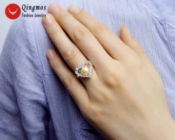 Qingmos 15mm Širdies Reguliuojamas #8-9 Piršto Žiedą, Moterims su 6-7mm Natūralus Rožinis Butas Apvalių Perlų Žiedas Papuošalai Anillos Mujer