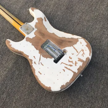 Relikvijos antikvariniai baltos spalvos elektrinė gitara, groove fingerboard, alksnis kūno, rankų darbo, nekilnojamojo nuotraukas, ar senas elektrinė gitara